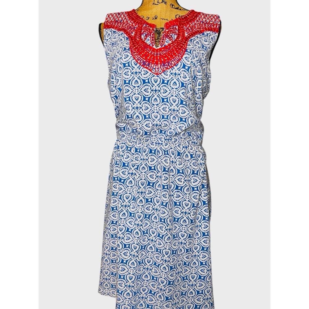 VINEYARD VINES DRESS RED WHITE BLUE FLORAL STRETCH KNIT EMBROIDERED LARGE L